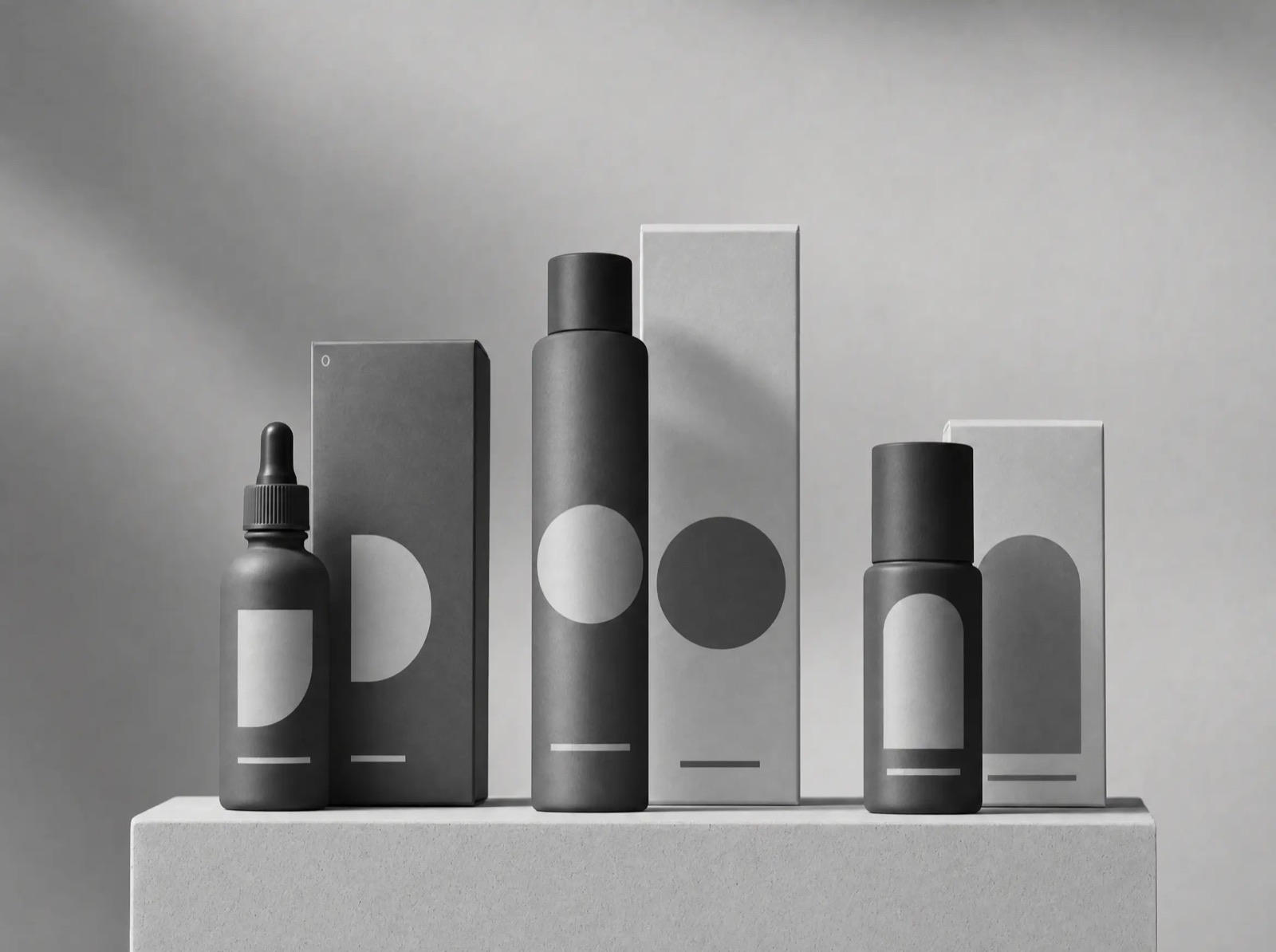Forma packaging — matte bottles and boxes with typographic labels